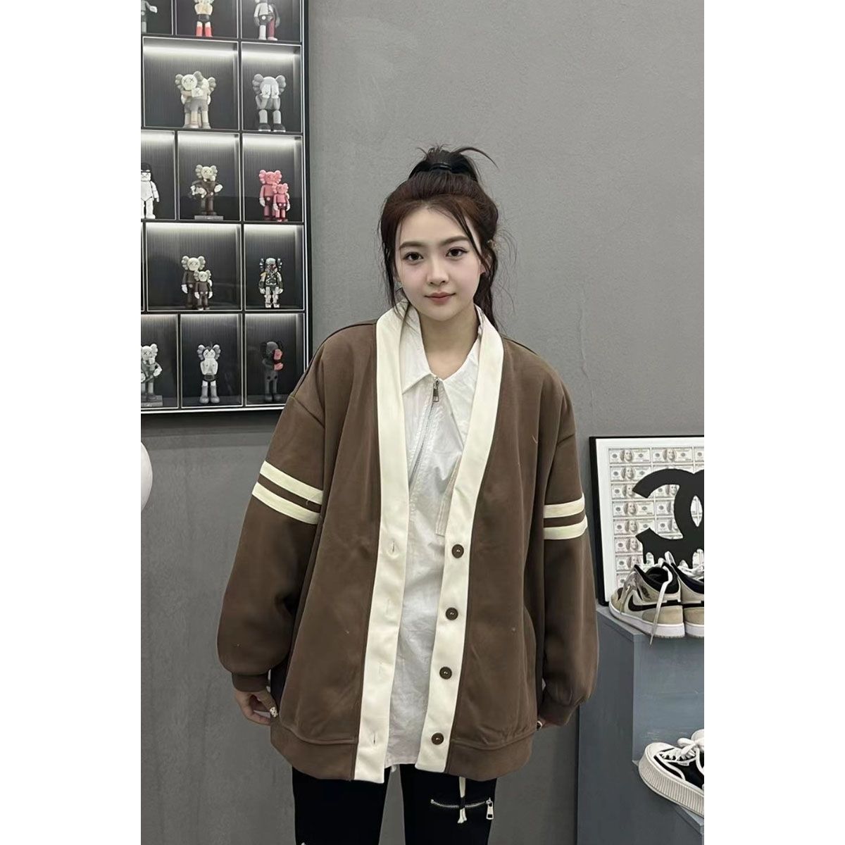 College style color-blocking cardigan jacket female  early spring and autumn new V-neck long-sleeved loose all-match top student