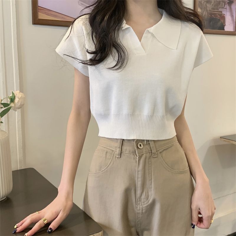 Retro polo collar short-sleeved knitted sweater women's summer 2023 new bottoming shirt short section unique special ice silk top