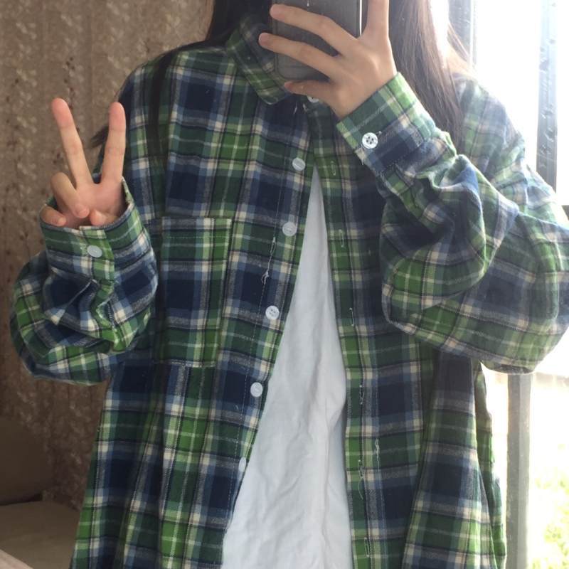 日系復古綠色格子襯衫外套女春秋季新款慵懶風寬鬆百搭襯衣上衣潮