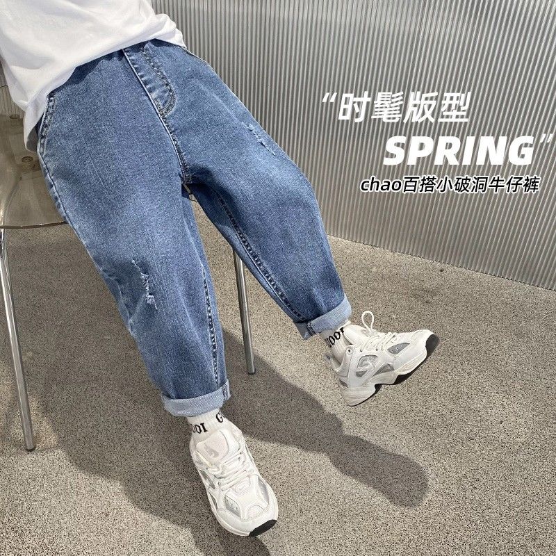 男童牛仔褲春秋款2023新款韓版炸街長褲童裝中大兒童春裝老爹褲
