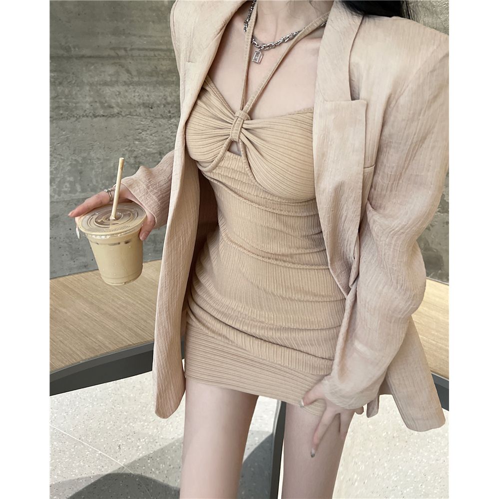 Pure lust style knitted halterneck short-sleeved dress women's spring sexy hip-hugging short skirt tight slimming suspender skirt