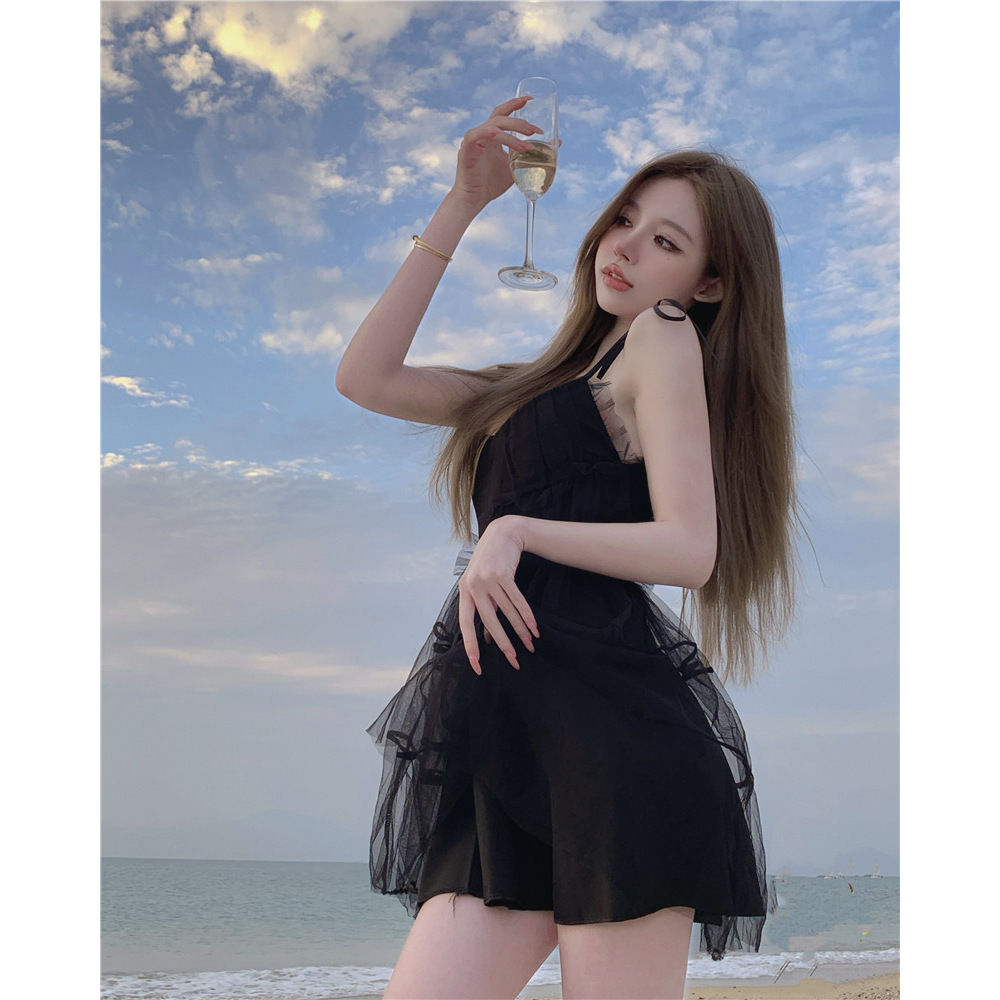 甜辣妹網紗吊帶連衣裙女春季黑色荷葉邊短裙收腰性感公主蓬蓬裙子