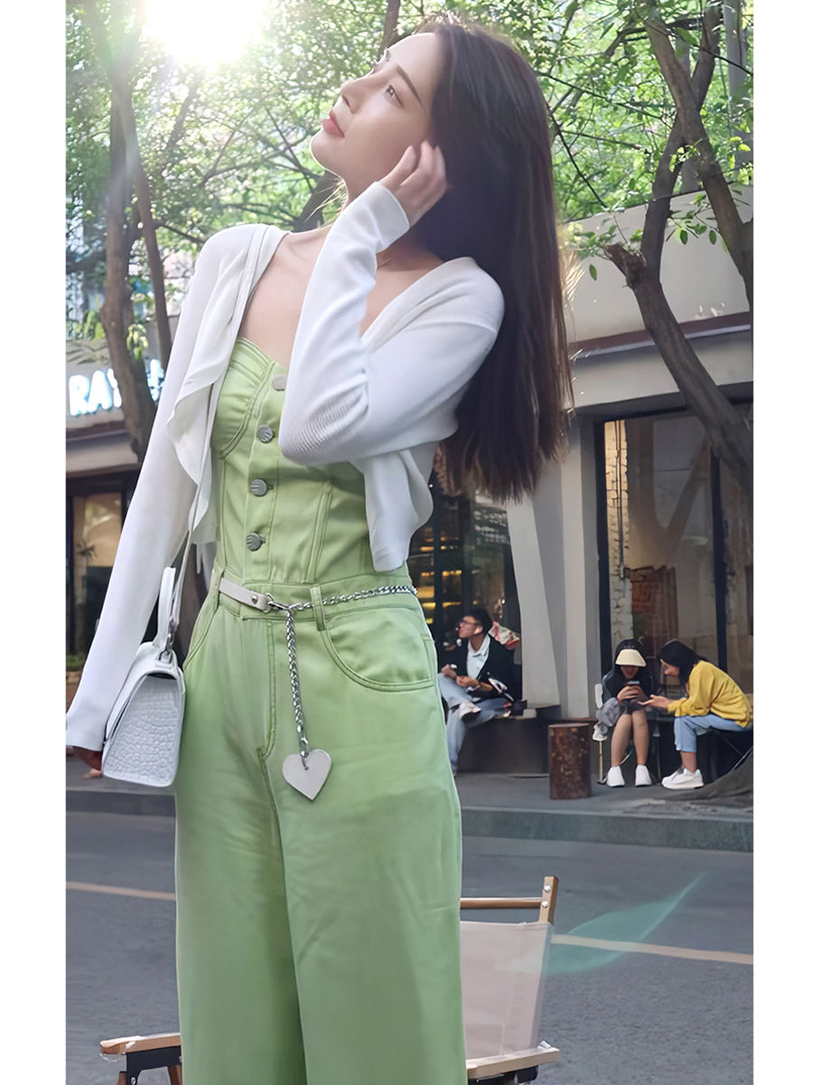 Spot spring and summer new chic high-end denim suspenders jumpsuit women's casual loose high-waisted straight-leg wide-leg pants