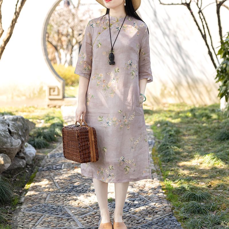 有內襯改良旗袍高檔連衣裙新款女夏天寬鬆旗袍顯瘦遮肉a字裙子