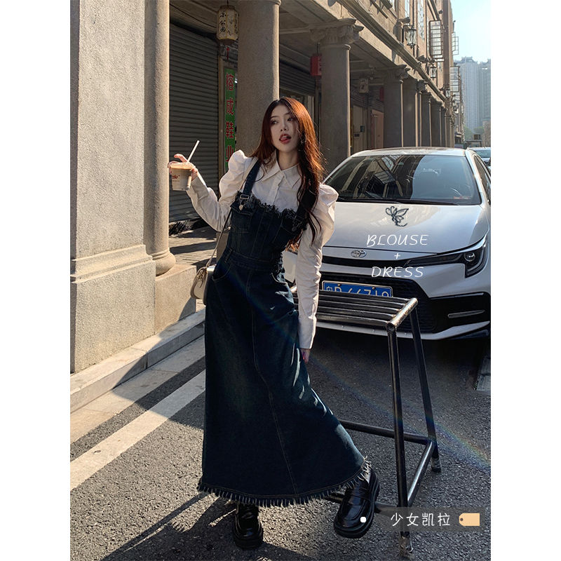 a字裙牛仔背帶連衣裙女新款復古設計感小眾內搭長裙裙子春裝2023