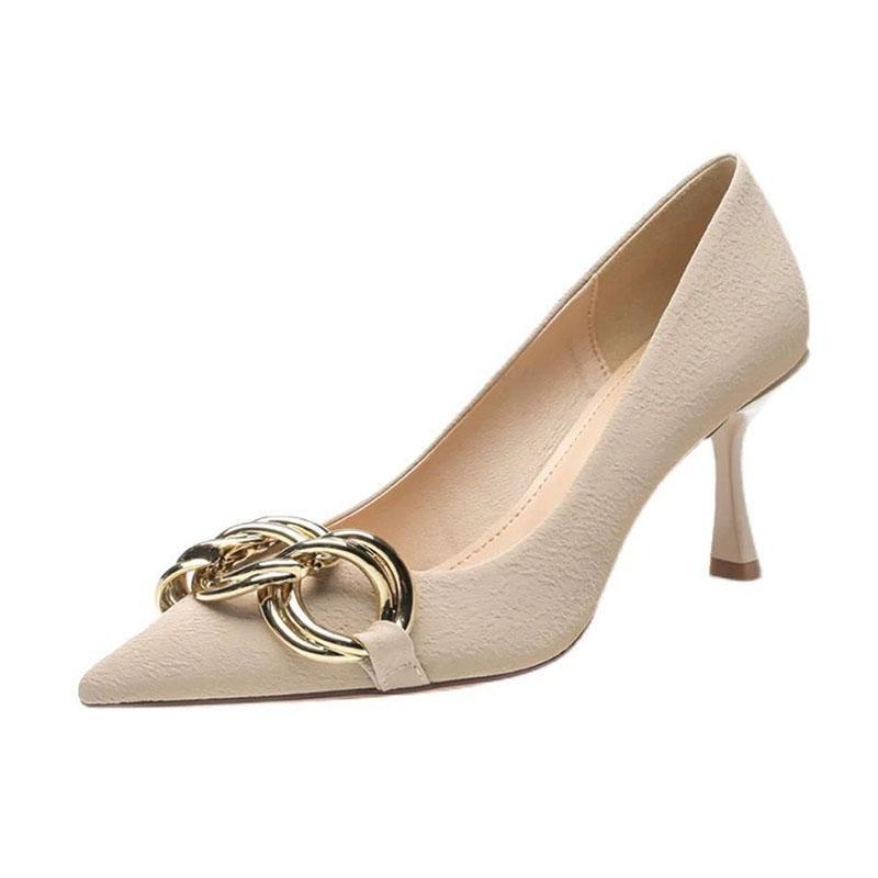 2023 spring and summer new European and American style metal chain stiletto shoes design sense niche nude color pointed toe single shoes women