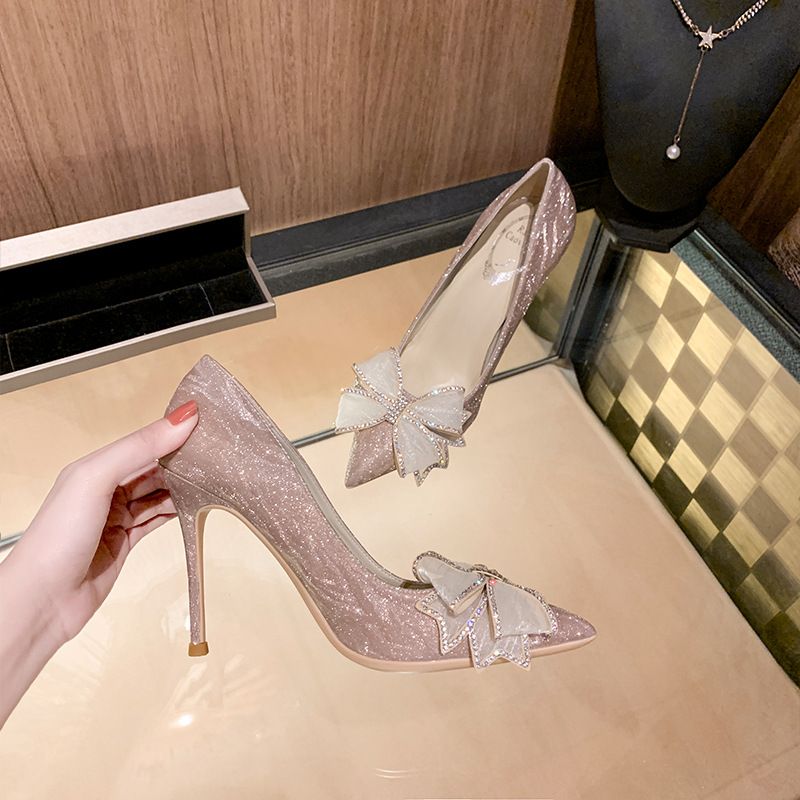 2023新款婚鞋女細跟尖頭蝴蝶結韓版氣質單鞋伴娘婚禮水晶高跟鞋