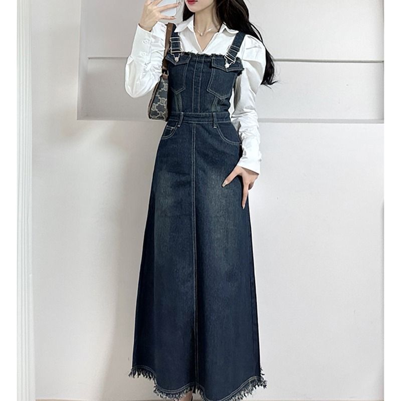 Korean drama heroine tea wear a complete set of  spring salt light mature retro denim suspender skirt two-piece suit