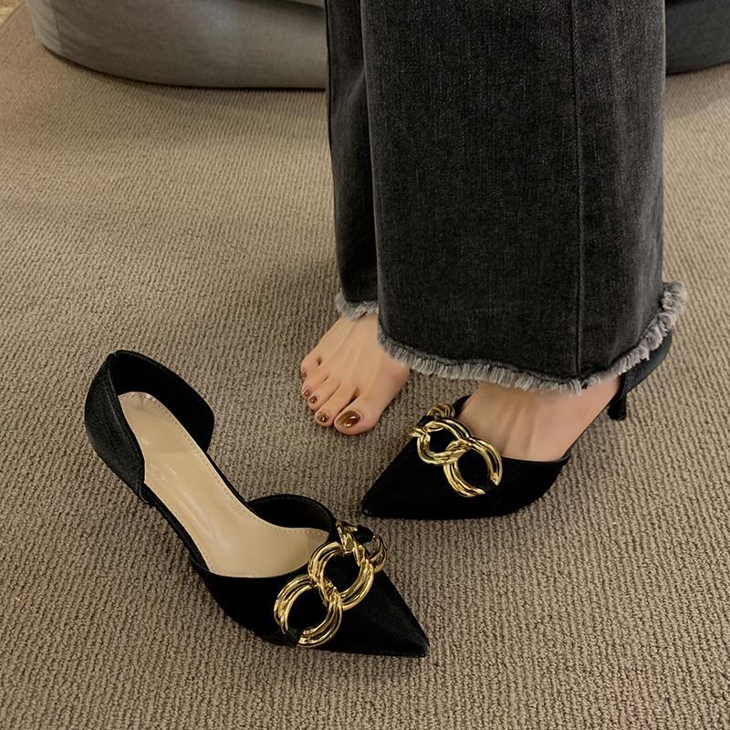 Single shoes women's 2023 new autumn and winter French pointed toe nude color stiletto high heels fashion metal buckle hollow women's shoes