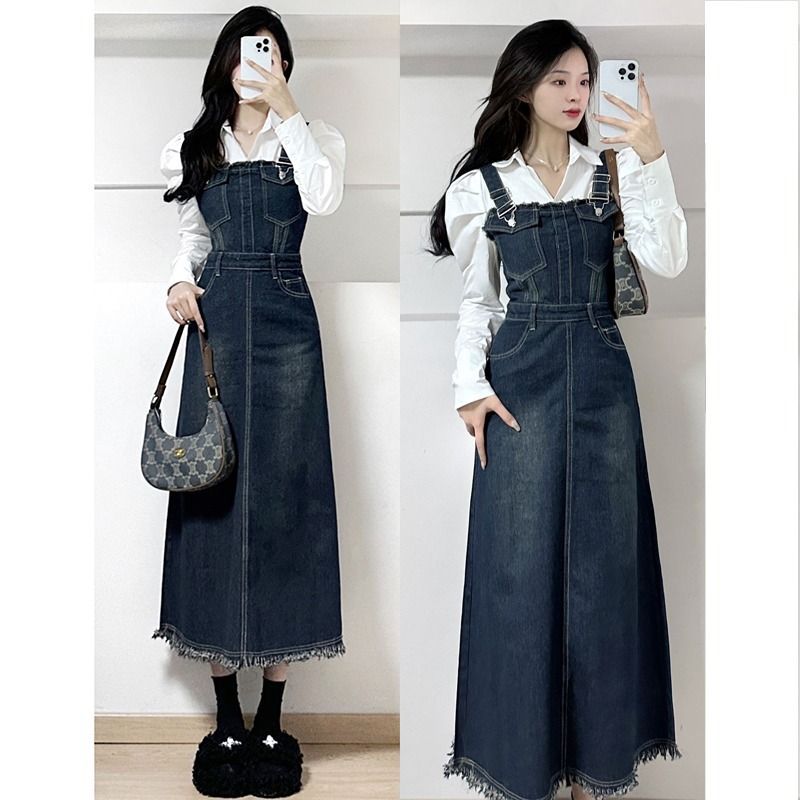 Korean drama heroine tea wear a complete set of  spring salt light mature retro denim suspender skirt two-piece suit