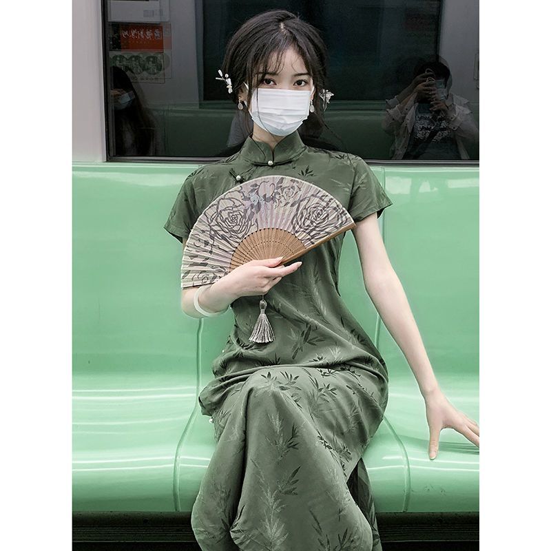 綠色改良版旗袍民國風素雅復古高端年輕款少女古法無省文藝學生裙