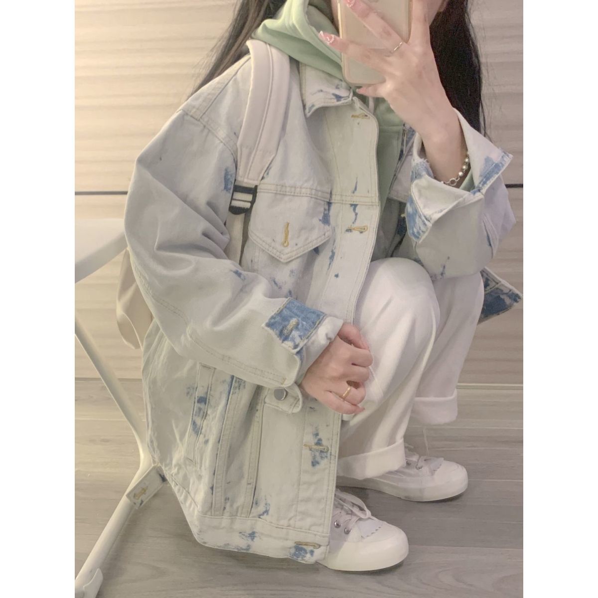 American retro tie-dye washed denim jacket female spring and autumn  new loose small shirt long-sleeved top