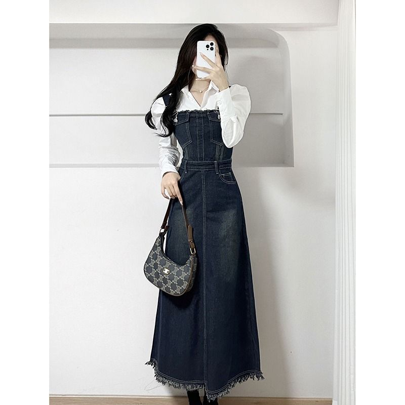 Korean drama heroine tea wear a complete set of  spring salt light mature retro denim suspender skirt two-piece suit