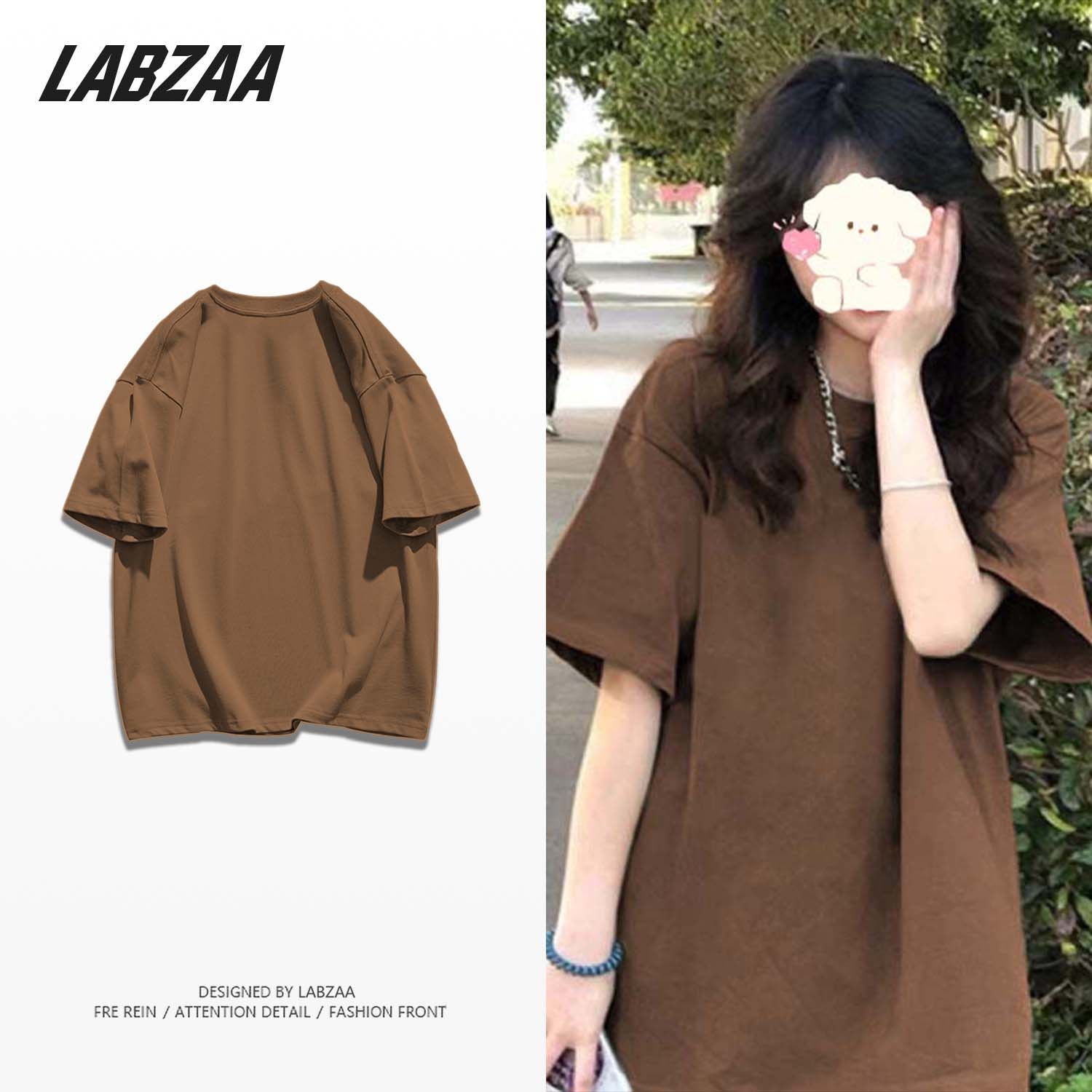 LABZAA pure cotton American style white brown short-sleeved T-shirt women's summer solid color basic casual all-match ins top