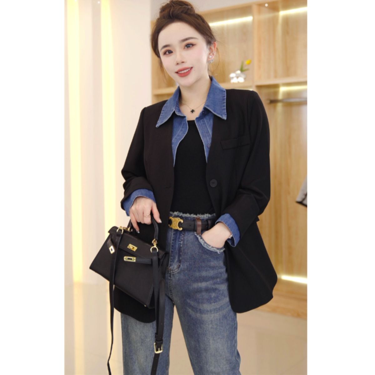  spring new fashion high-end suit temperament splicing single-breasted all-match suit jacket trend