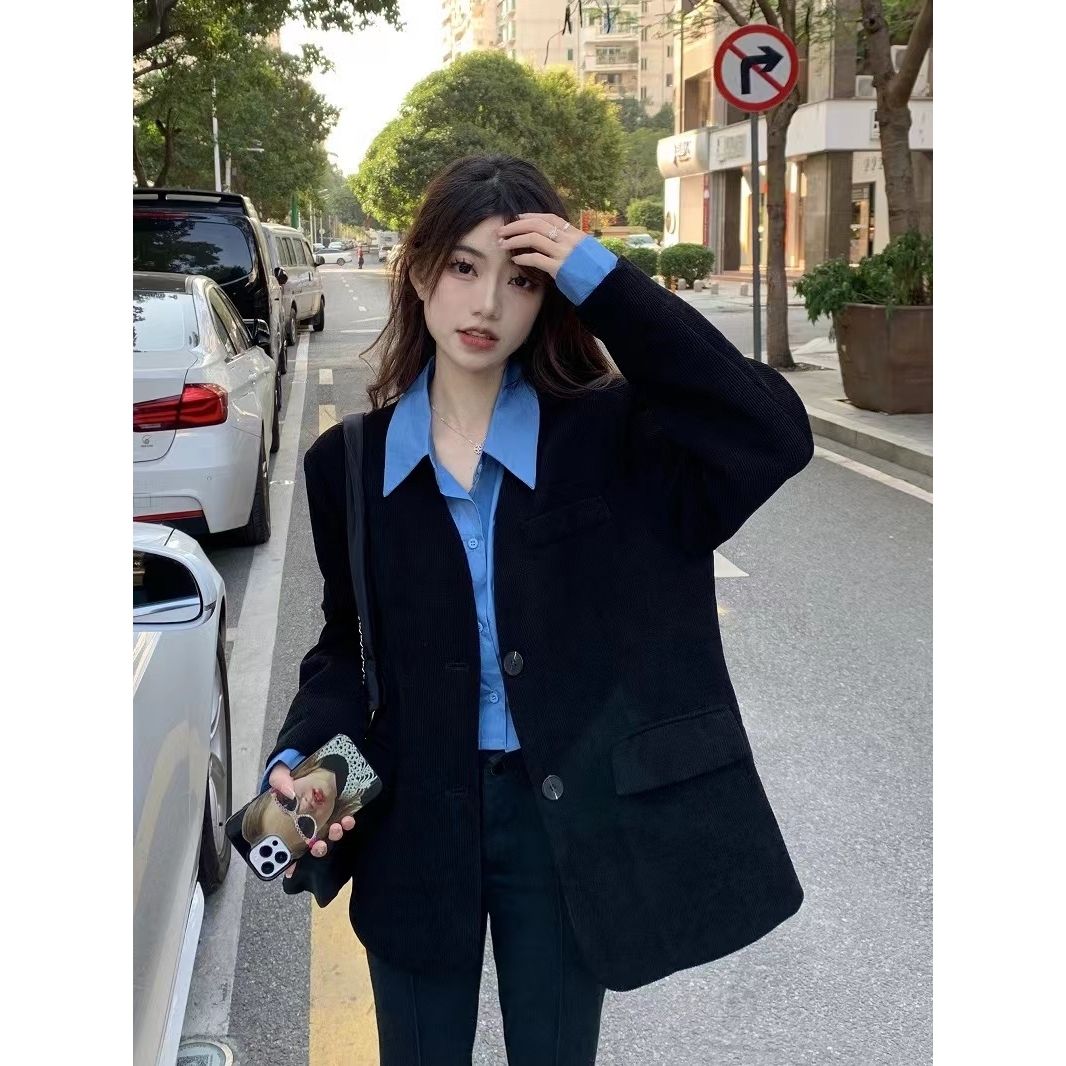 Large size fat MM retro fake two-piece stitching corduroy suit jacket women's spring and autumn loose high-end fried street top