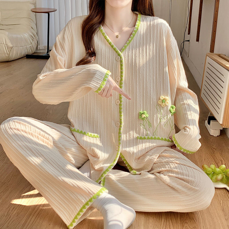 Green flower long-sleeved trousers pajamas women's spring and autumn style fresh women's style 2023 new spring and autumn home service suit