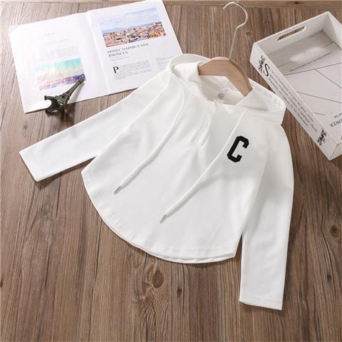 Girls' long-sleeved t-shirt bottoming shirt spring and autumn white foreign style loose short tops for big children hooded fried street sweater