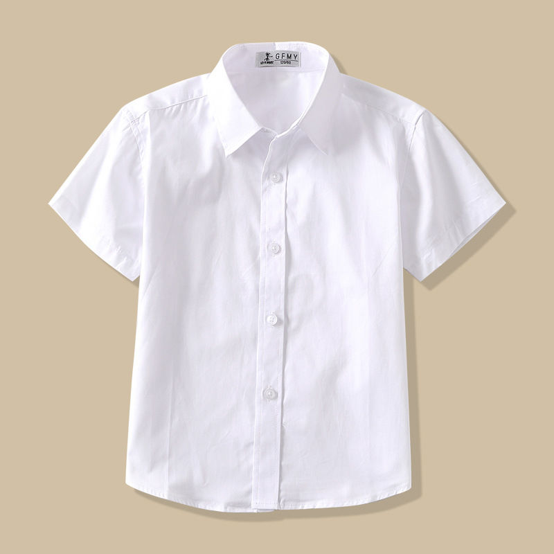 学生短袖白色衬衫男女童夏薄款圆领尖领白衬衣表演服儿童纯棉校服