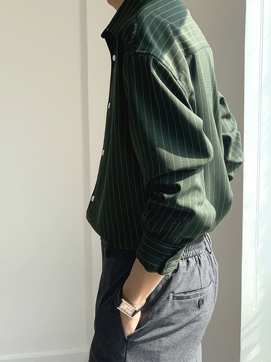 23春夏高级感墨绿色冰丝条纹衬衫男长袖宽松丝滑免烫休闲衬衣时尚