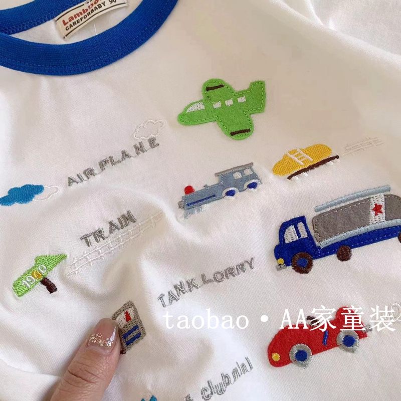 Foreign trade Japanese new boy long-sleeved T-shirt Spring children's baby cute car embroidery white cotton top