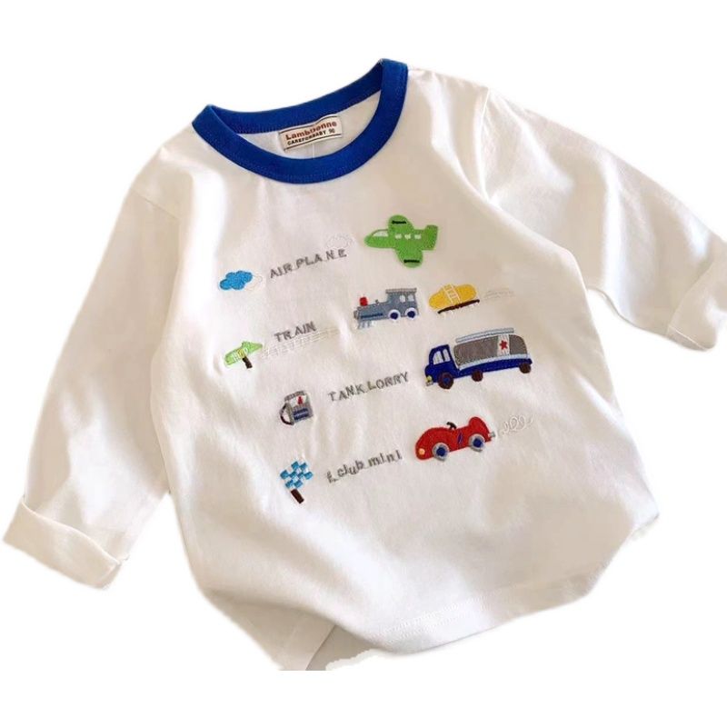 Foreign trade Japanese new boy long-sleeved T-shirt Spring children's baby cute car embroidery white cotton top