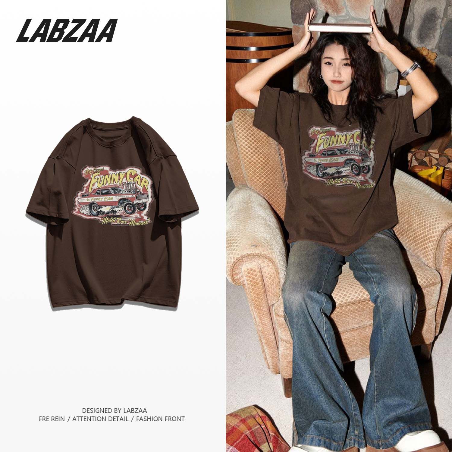 LABZAA pure cotton American high street retro car letters short-sleeved female ins tide brand T-shirt loose student clothes