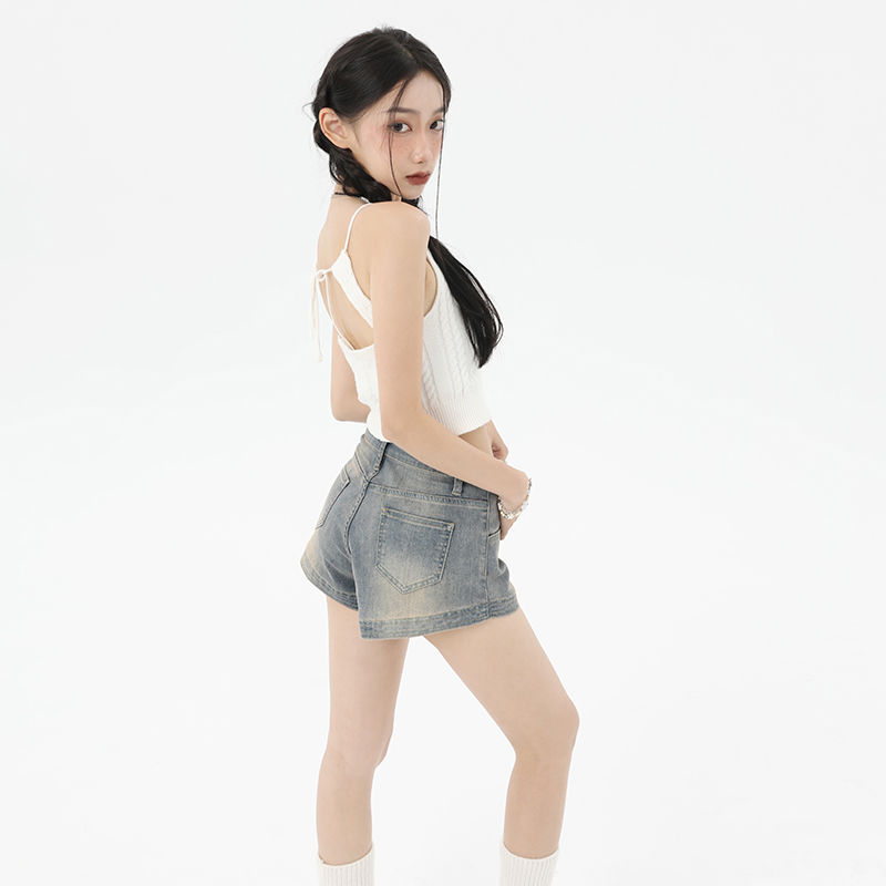 Retro elastic American denim shorts female 2023 new sexy hot girl package buttocks slimming old A-line hot pants ins