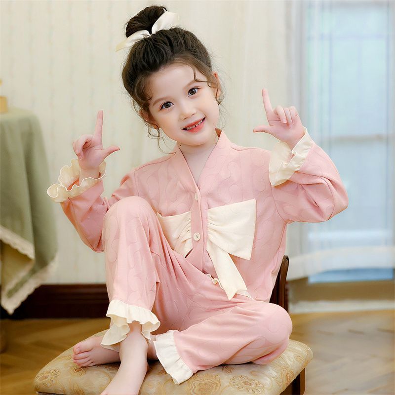 中大童女童甜美公主家居服套裝2023新款春秋季兒童睡衣女長袖棉