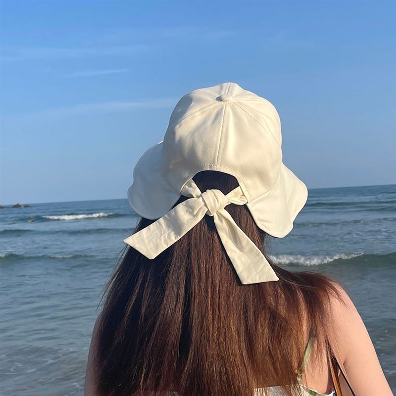 Bowknot sun hat women's summer sun protection and UV protection large brim sun hat black rubber fisherman hat to cover the whole face