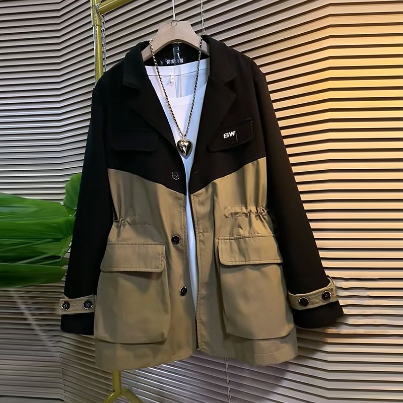Plus size women's Korean style commuter style temperament age reduction and thin all-match top splicing and contrasting color long-sleeved windbreaker jacket trendy