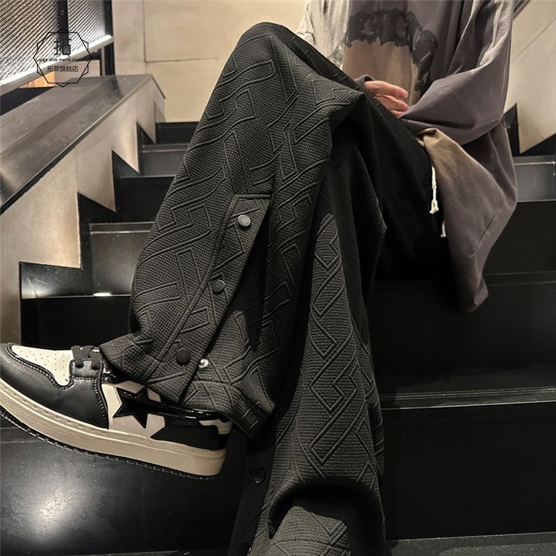 AEMAPE2023年新款直筒裤男士春季潮牌设计开叉排扣裤纹理运动裤子