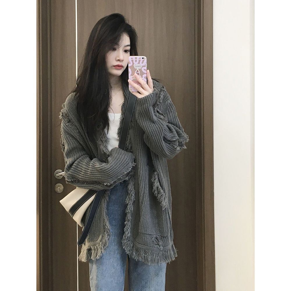 Korean version lazy style loose all-match knitted sweater cardigan women  spring new design trendy tops