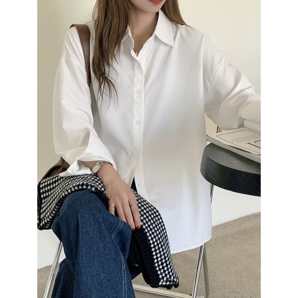 2023 spring new white shirt long-sleeved shirt slim chic high-end design niche polo shirt women's clothing