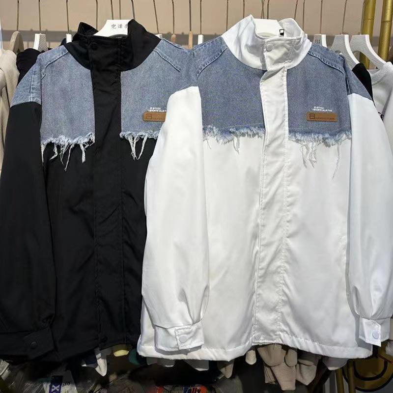 ins spring new denim stitching stand-up collar jacket for female students loose casual BF style jacket