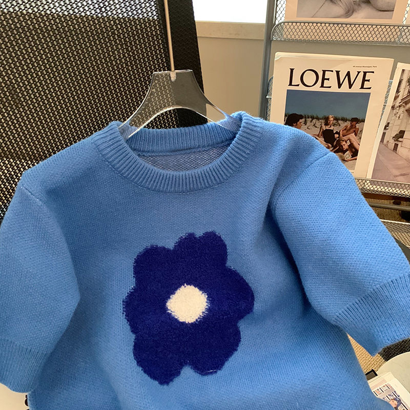 MINETTE蓝色花朵毛衣女夏季新款减龄慵懒风短袖圆领针织衫