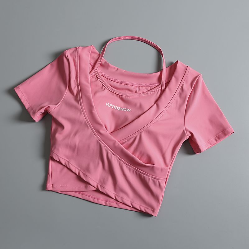 带胸垫运动短袖女性感露脐紧身假两件健身上衣跑步训练瑜伽服t恤
