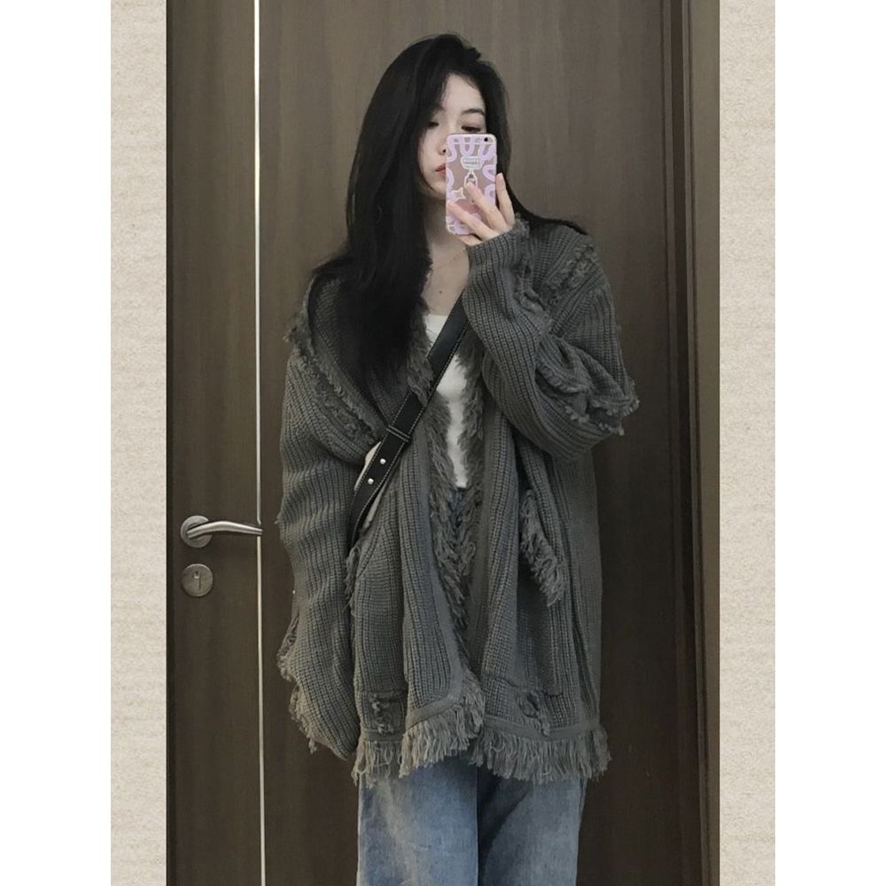 Korean version lazy style loose all-match knitted sweater cardigan women  spring new design trendy tops