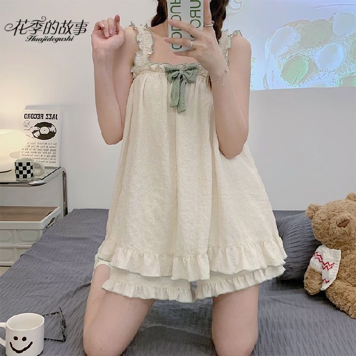 The story of the flower season sling pajamas female spring and summer 2023 new bowknot student dormitory home service suit
