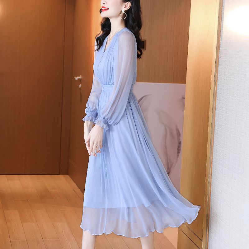 蓝色真丝连衣裙春装女2023年春秋新款高端大牌高级感桑蚕丝长裙子
