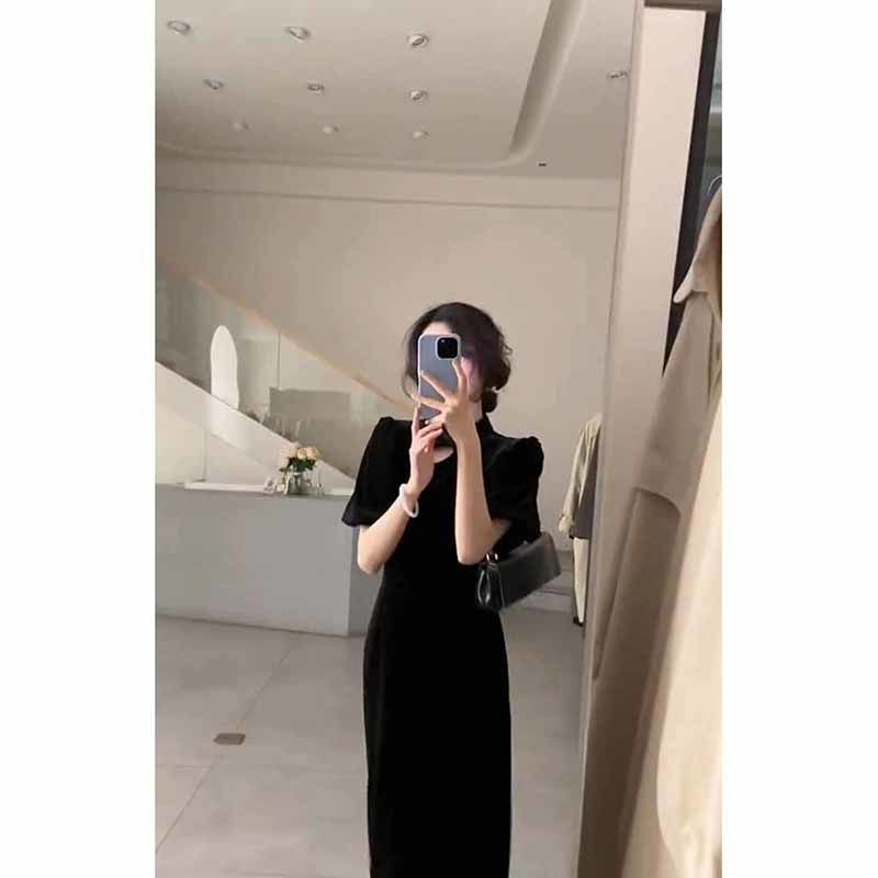 Painting Pu Guofeng new Chinese style black hollow dress women's clothing  spring new stand-up collar Hepburn A-line skirt