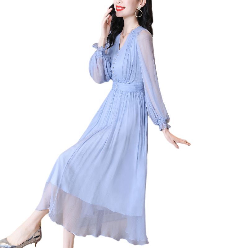 蓝色真丝连衣裙春装女2023年春秋新款高端大牌高级感桑蚕丝长裙子