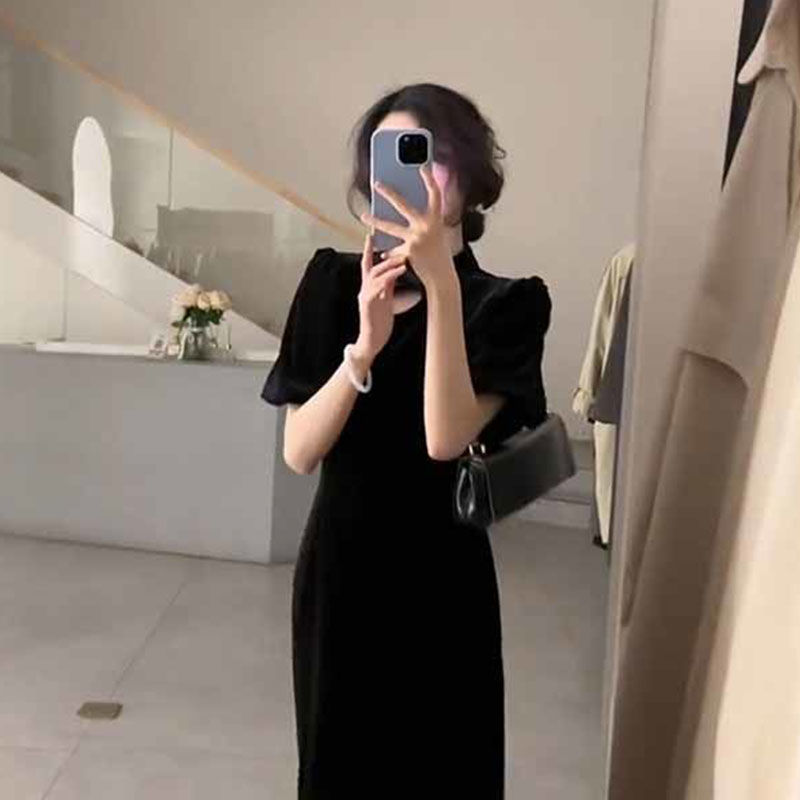 Painting Pu Guofeng new Chinese style black hollow dress women's clothing  spring new stand-up collar Hepburn A-line skirt