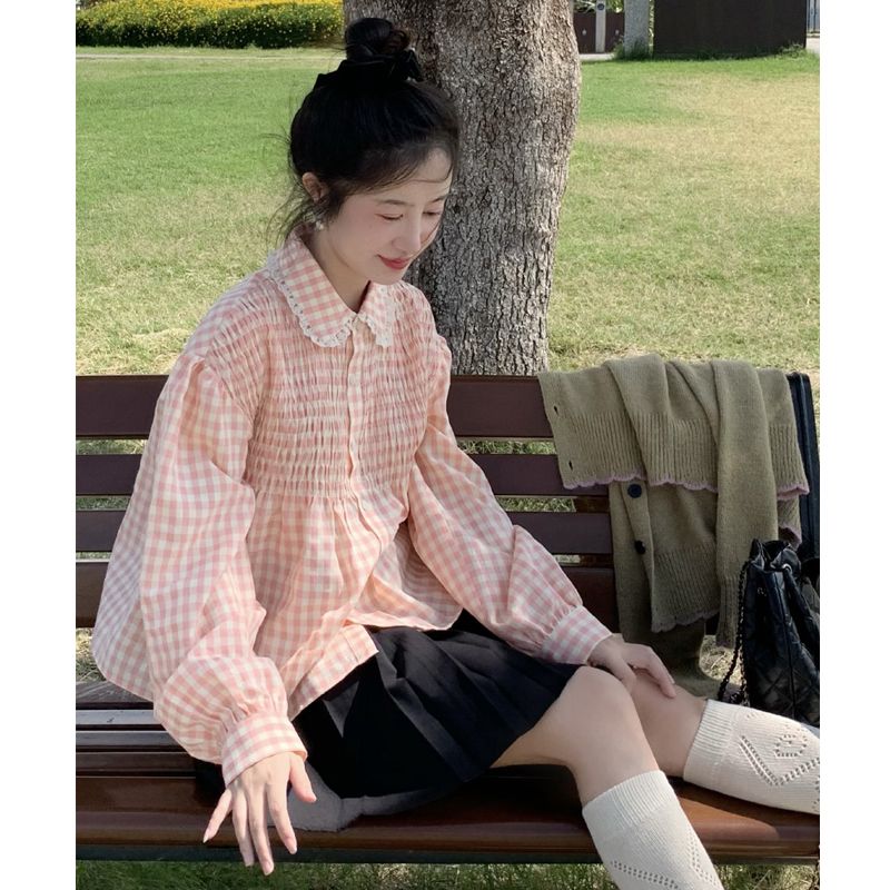 法式復古甜美公主風襯衫娃娃領襯衫格子長袖百搭新款寬鬆顯瘦上衣
