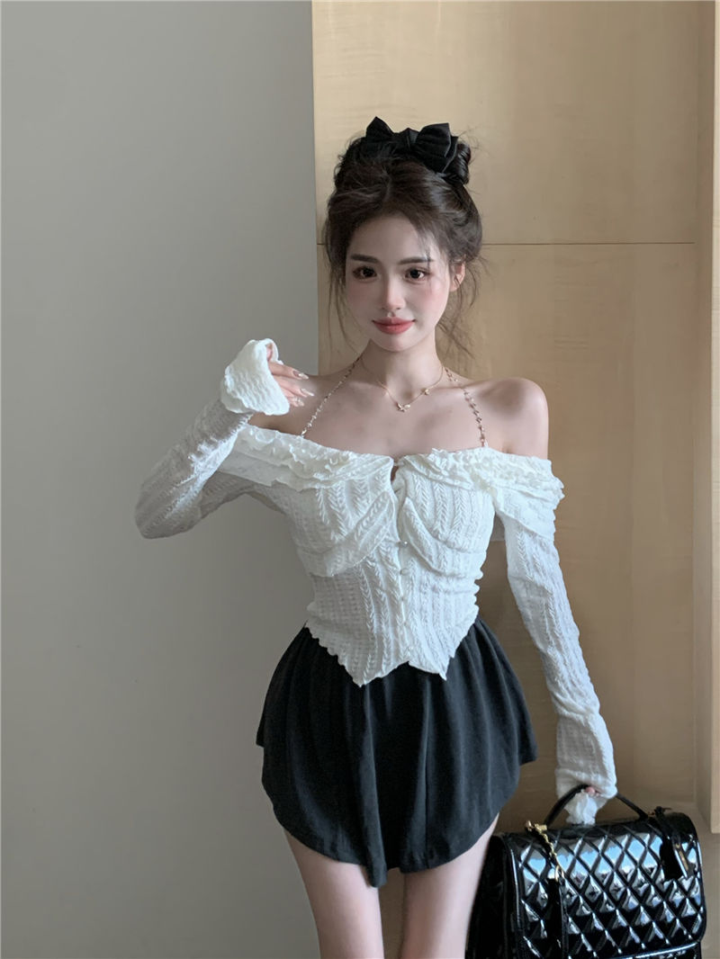 2023純欲白色荷葉邊露肩鏈條掛脖長袖T恤女修身設計感小眾上衣女