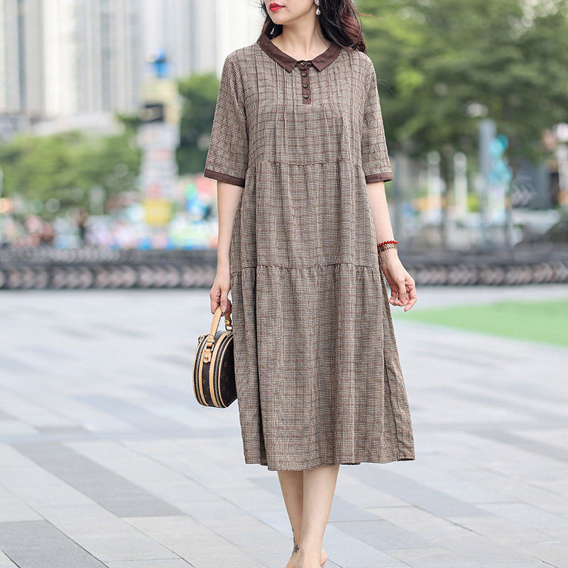 棉麻連衣裙夏女2023新款短袖格子裙韓版寬鬆大碼a字裙中長款裙子