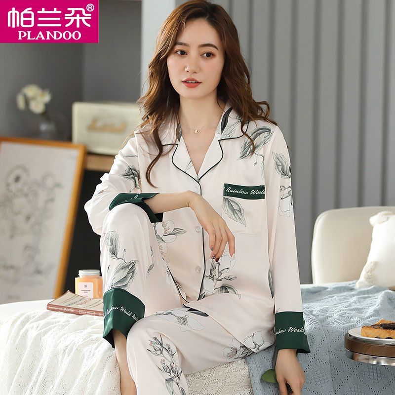 Palando silk pajamas women's spring and autumn long-sleeved ice silk foreign-style home clothes two-piece suit can be worn outside in summer