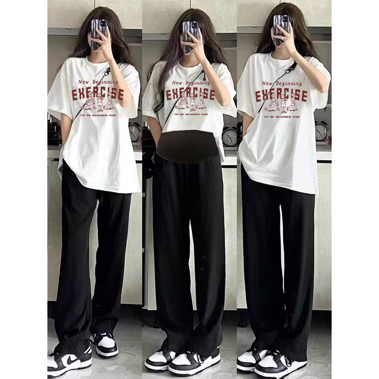 [Two-piece set] Maternity set summer style Korean style loose short-sleeved T-shirt maternity top + belly-supporting wide-leg pants for going out