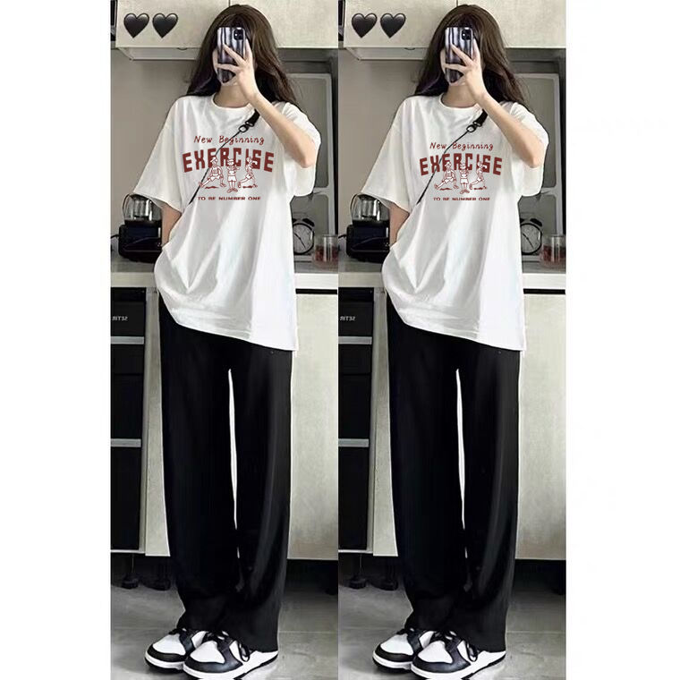 [Two-piece set] Maternity set summer style Korean style loose short-sleeved T-shirt maternity top + belly-supporting wide-leg pants for going out