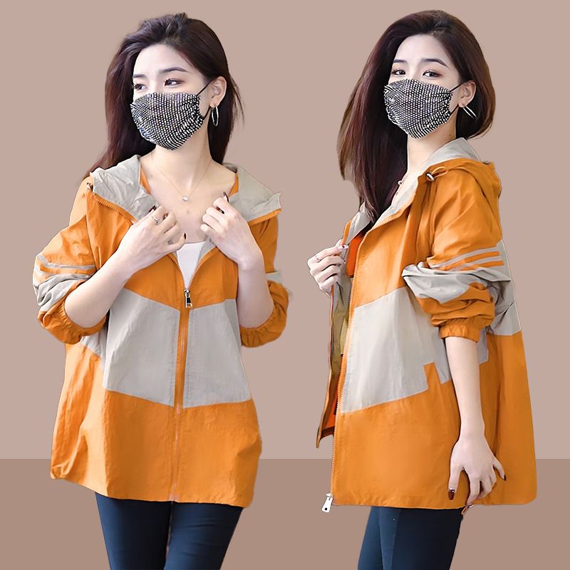2023 summer new color contrast splicing sun protection hooded thin coat women's drawstring loose zipper cardigan foreign style windbreaker